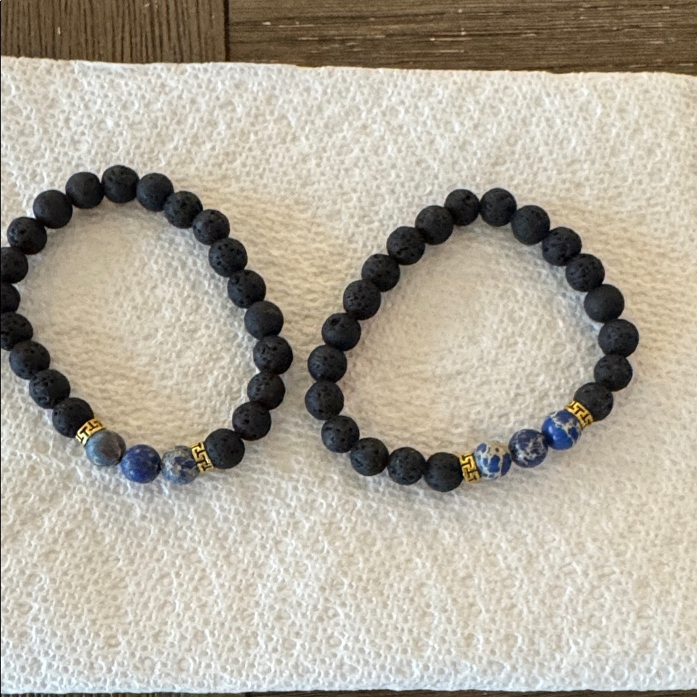 Elegant Black and Blue Essential Oil Diffuser Beaded Bracelets - set of 2